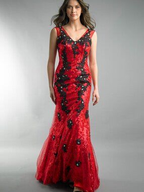 D8891L Sequin Mermaid Gown - Red Black